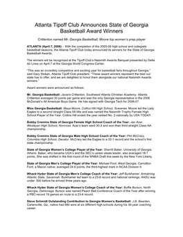 Atlanta Tipoff Club Announces State of Georgia Basketball Award Winners