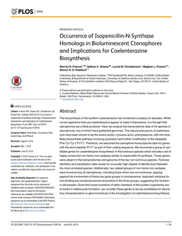 Occurrence of Isopenicillin-N-Synthase Homologs in Bioluminescent Ctenophores and Implications for Coelenterazine Biosynthesis