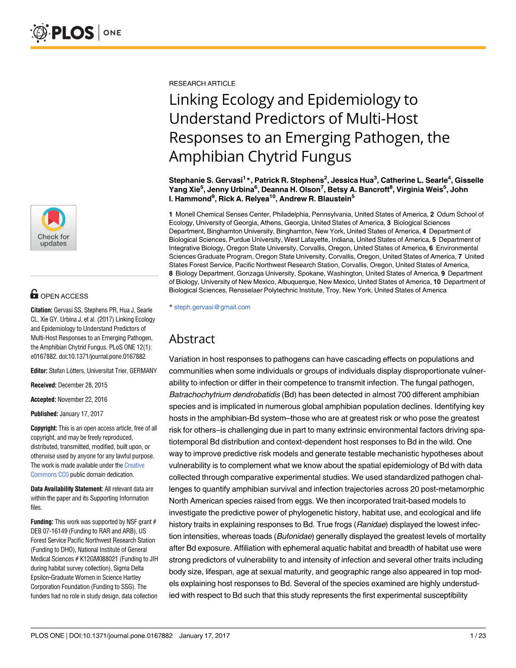 Linking Ecology and Epidemiology to Understand Predictors of Multi-Host Responses to an Emerging Pathogen, the Amphibian Chytrid Fungus