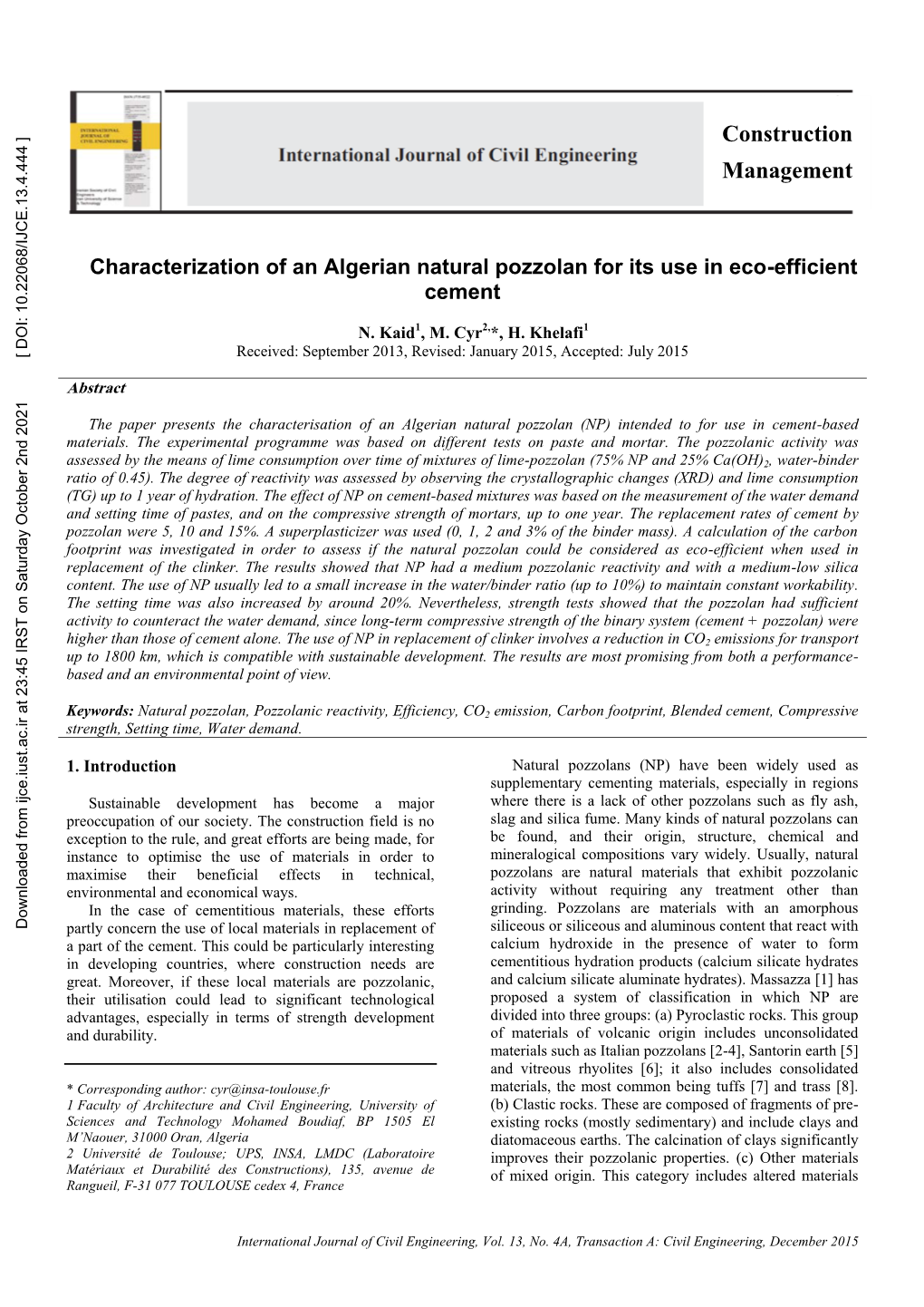 Characterization of an Algerian Natural Pozzolan for Its Use in Eco-Efficient Cement