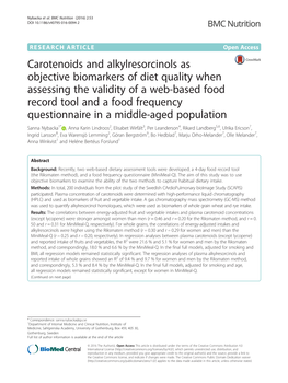 Carotenoids and Alkylresorcinols As Objective Biomarkers of Diet Quality