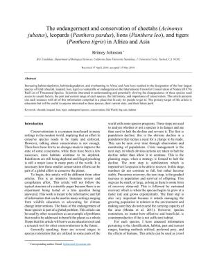 The Endangerment and Conservation of Cheetahs (Acinonyx Jubatus), Leopards (Panthera Pardus), Lions (Panthera Leo), and Tigers (Panthera Tigris) in Africa and Asia