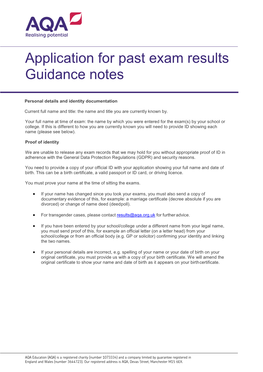 Application for Past Exam Results Guidance Notes