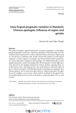 Intra-Lingual Pragmatic Variation in Mandarin Chinese Apologies: Influence of Region and Gender