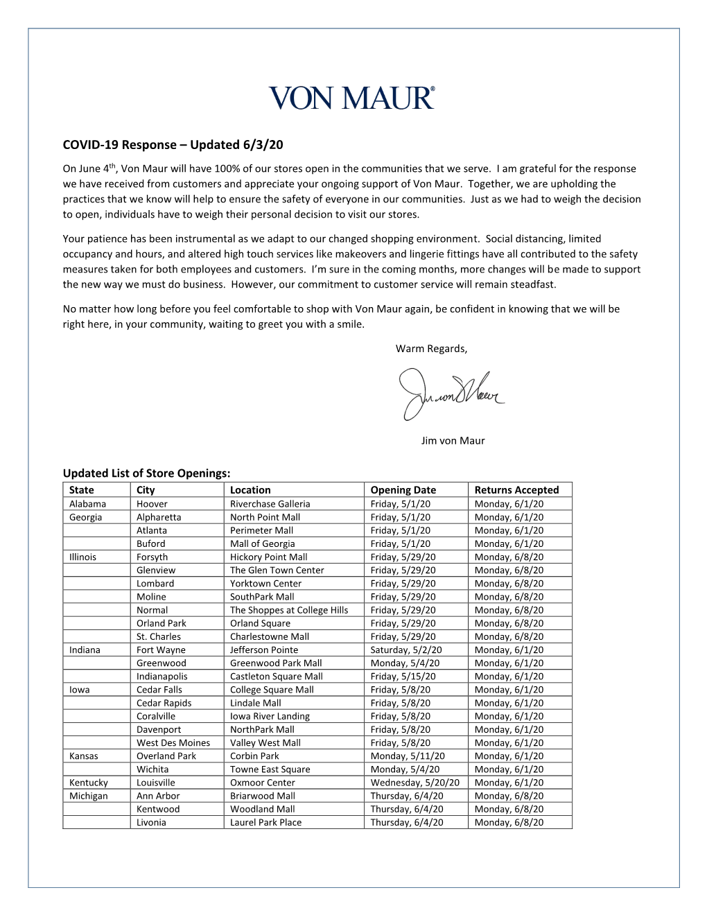 COVID-19 Response – Updated 6/3/20 on June 4Th, Von Maur Will Have 100% of Our Stores Open in the Communities That We Serve