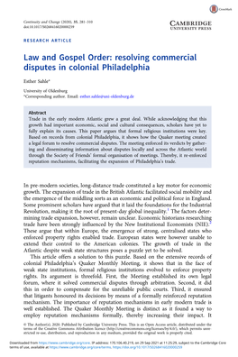Law and Gospel Order: Resolving Commercial Disputes in Colonial Philadelphia