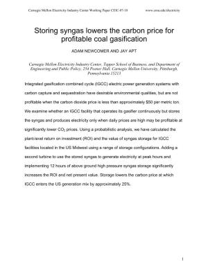 Storing Syngas Lowers the Carbon Price for Profitable Coal Gasification
