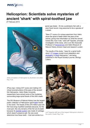 Scientists Solve Mysteries of Ancient 'Shark' with Spiral-Toothed Jaw 27 February 2013