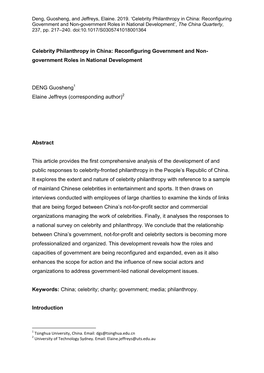 Celebrity Philanthropy in China: Reconfiguring Government and Non-Government Roles in National Development’, the China Quarterly, 237, Pp