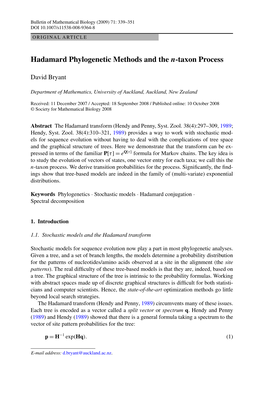 Hadamard Phylogenetic Methods and the N-Taxon Process