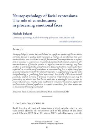 Neuropsychology of Facial Expressions. the Role of Consciousness in Processing Emotional Faces
