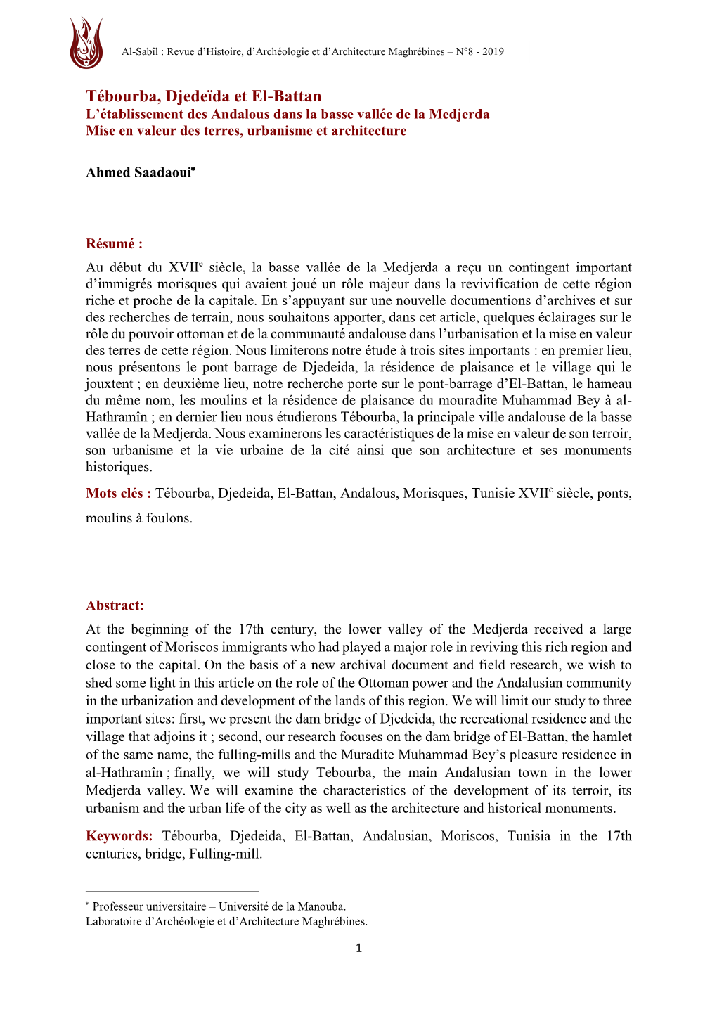 Tébourba, Djedeïda Et El-Battan L’Établissement Des Andalous Dans La Basse Vallée De La Medjerda Mise En Valeur Des Terres, Urbanisme Et Architecture