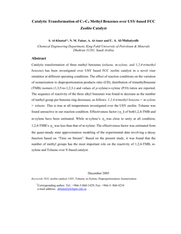 Catalytic Transformation of C7-C9 Methyl Benzenes Over USY-Based FCC Zeolite Catalyst