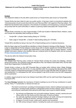 Leeds City Council Statement of Local Planning Authority in Respect of Site Known As Temple Works, Marshall Street, Holbeck Leeds