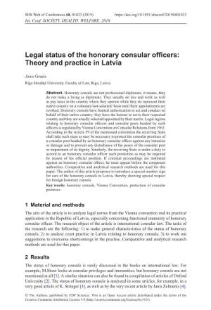 Legal Status of the Honorary Consular Officers: Theory and Practice in Latvia