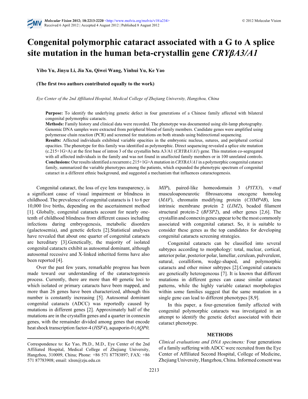 Congenital Polymorphic Cataract Associated with a G to a Splice Site Mutation in the Human Beta-Crystallin Gene Cryβa3/A1