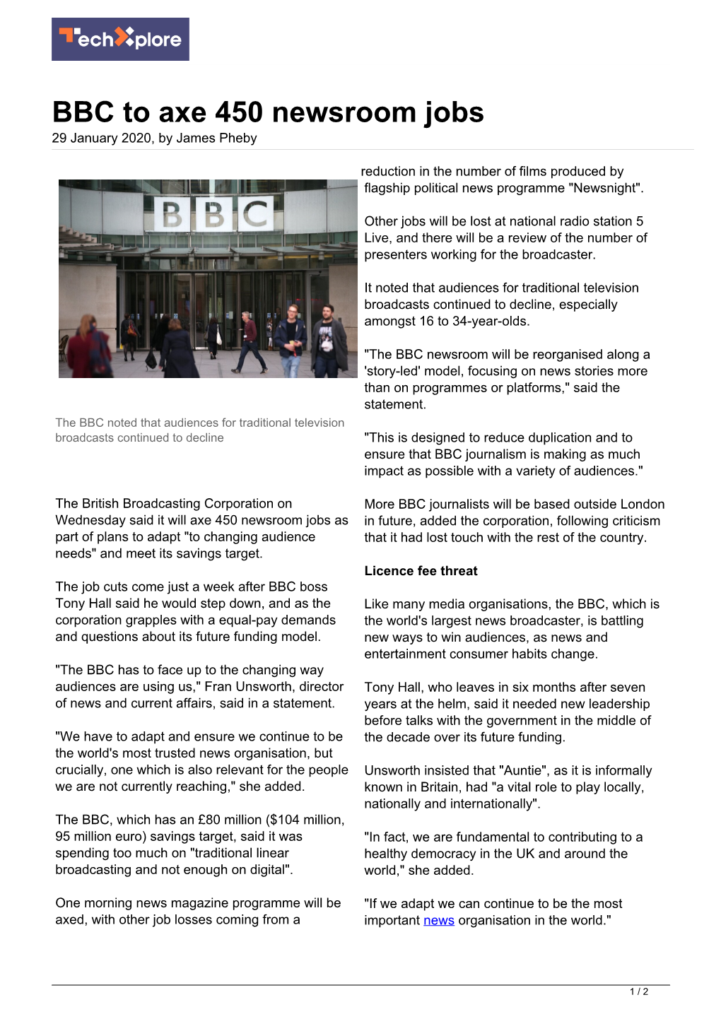 BBC to Axe 450 Newsroom Jobs 29 January 2020, by James Pheby