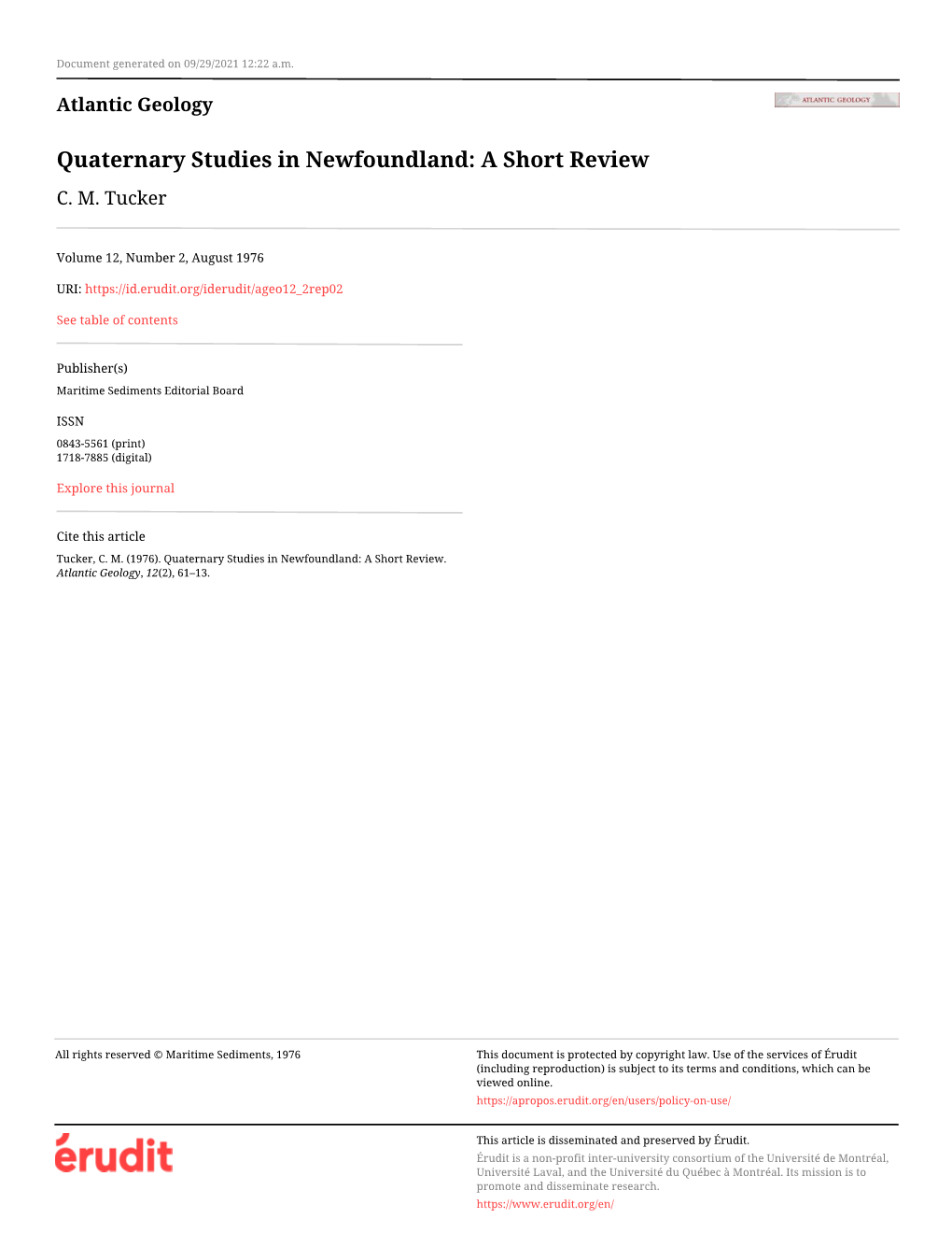 Quaternary Studies in Newfoundland: a Short Review C