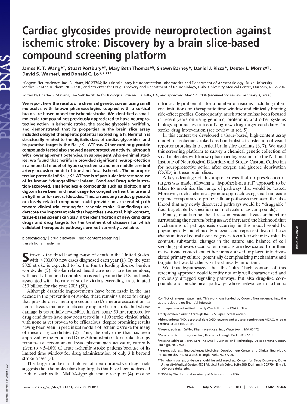 Cardiac Glycosides Provide Neuroprotection Against Ischemic Stroke: Discovery by a Brain Slice-Based Compound Screening Platform