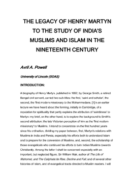 The Legacy of Henry Martyn to the Study of India's Muslims and Islam in the Nineteenth Century