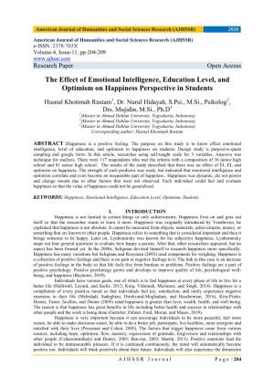 The Effect of Emotional Intelligence, Education Level, and Optimism on Happiness Perspective in Students