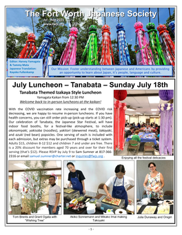 July Luncheon – Tanabata – Sunday July 18Th Tanabata Themed Izakaya Style Luncheon Yamagata Kaikan from 12:30 PM Welcome Back to In-Person Luncheons at the Kaikan!