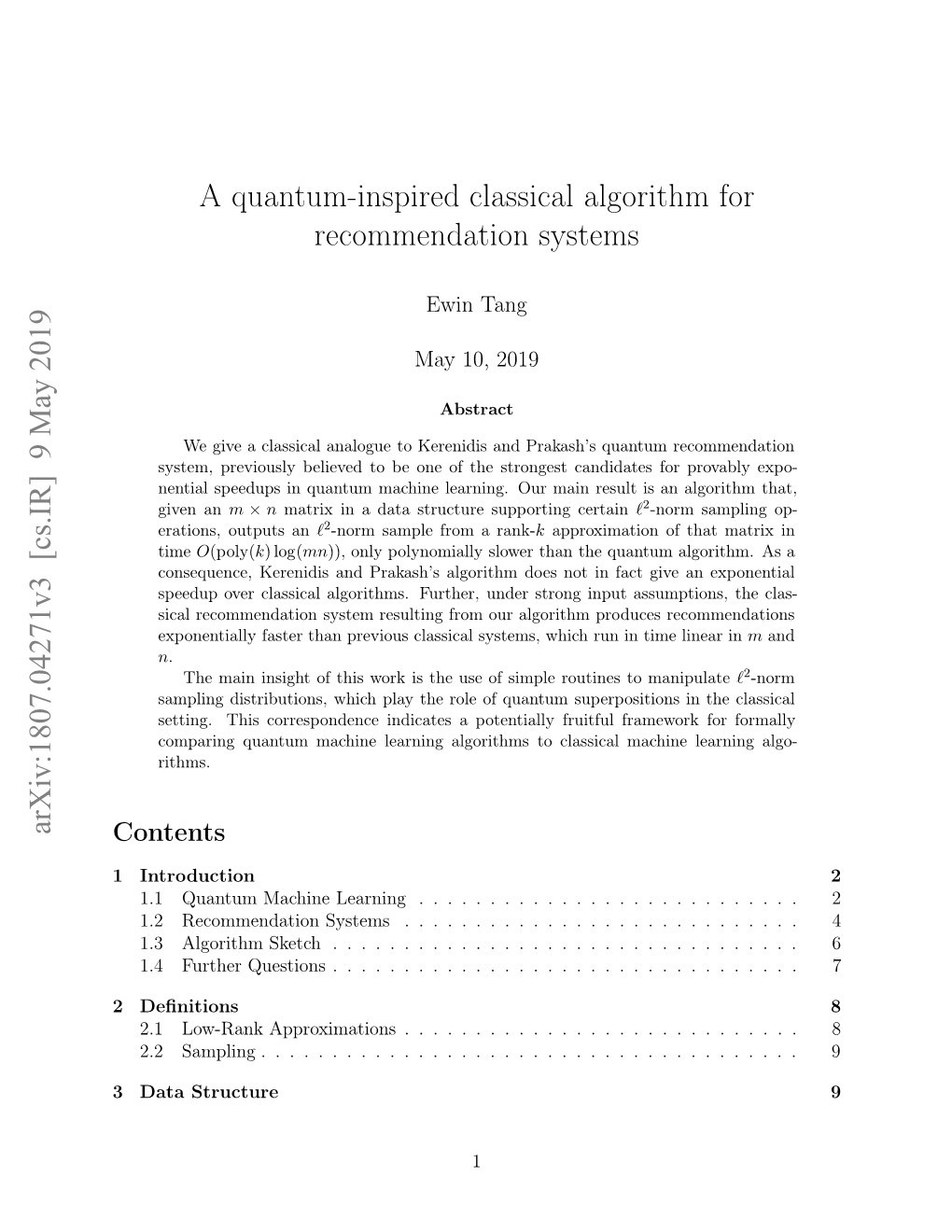 A Quantum-Inspired Classical Algorithm for Recommendation