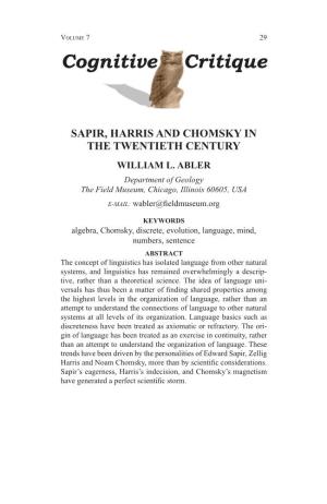 Sapir, Harris and Chomsky in the Twentieth Century William L