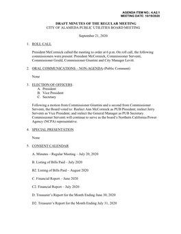 Draft Minutes of the Regular Meeting City of Alameda Public Utilities Board Meeting