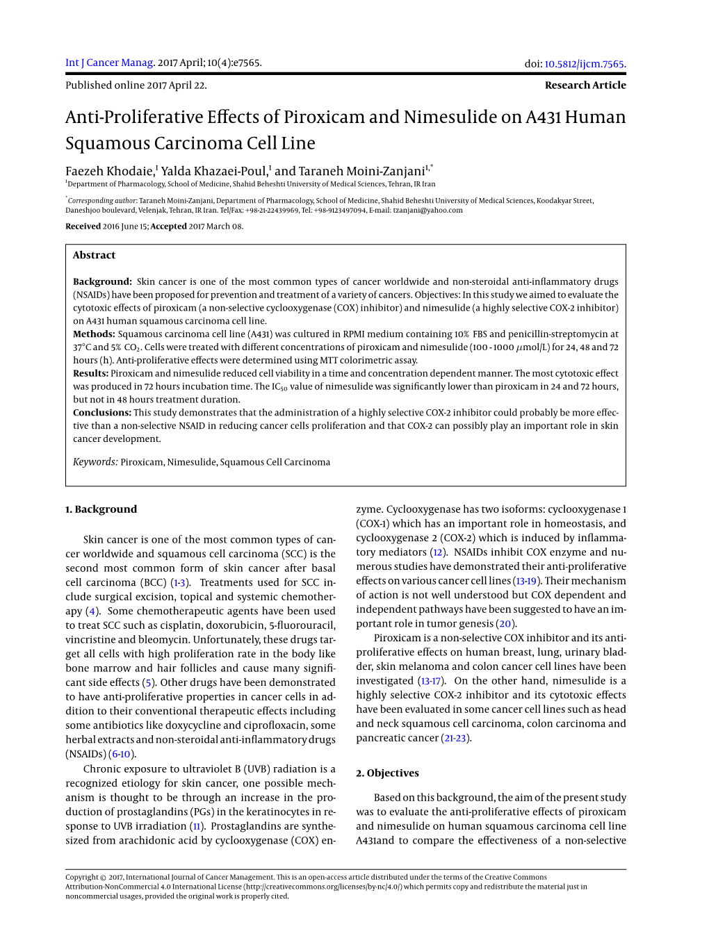 Anti-Proliferative Effects of Piroxicam and Nimesulide on A431 Human