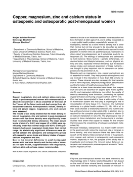 Copper, Magnesium, Zinc and Calcium Status in Osteopenic and Osteoporotic Post-Menopausal Women