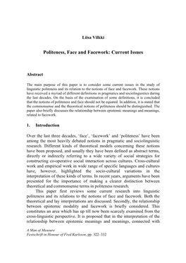 Politeness, Face and Facework: Current Issues