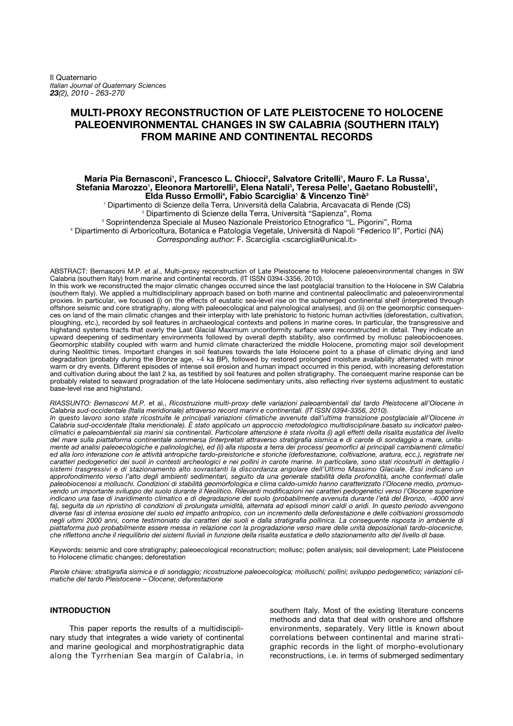 Multi-Proxy Reconstruction of Late Pleistocene to Holocene Paleoenvironmental Changes in Sw Calabria (Southern Italy) from Marine and Continental Records