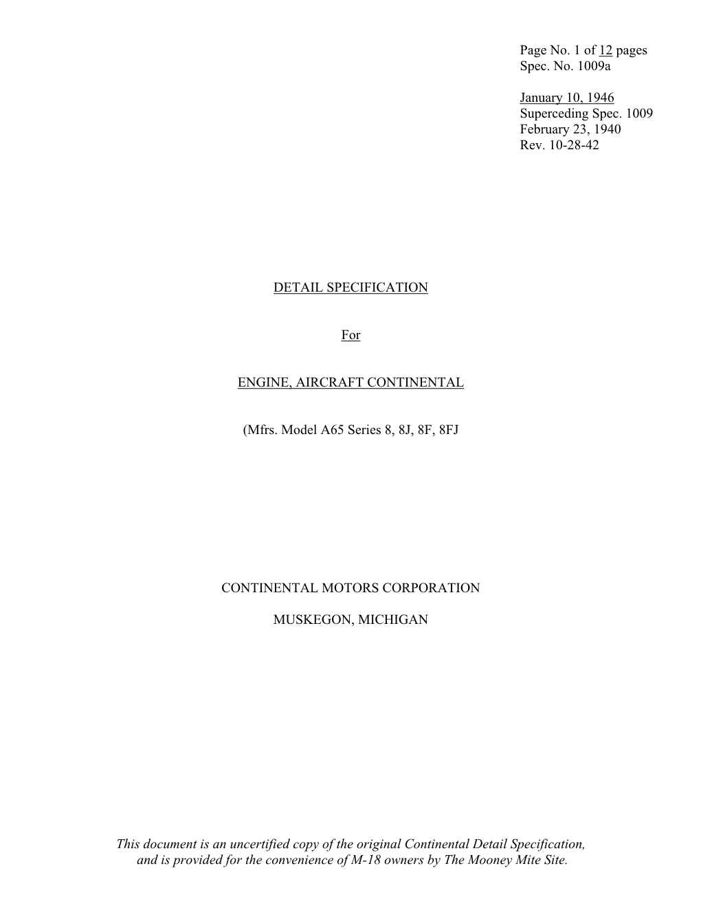 Continental Engine Specifications for A65 Series 8, 8J, 8F, 8FJ (Pdf)