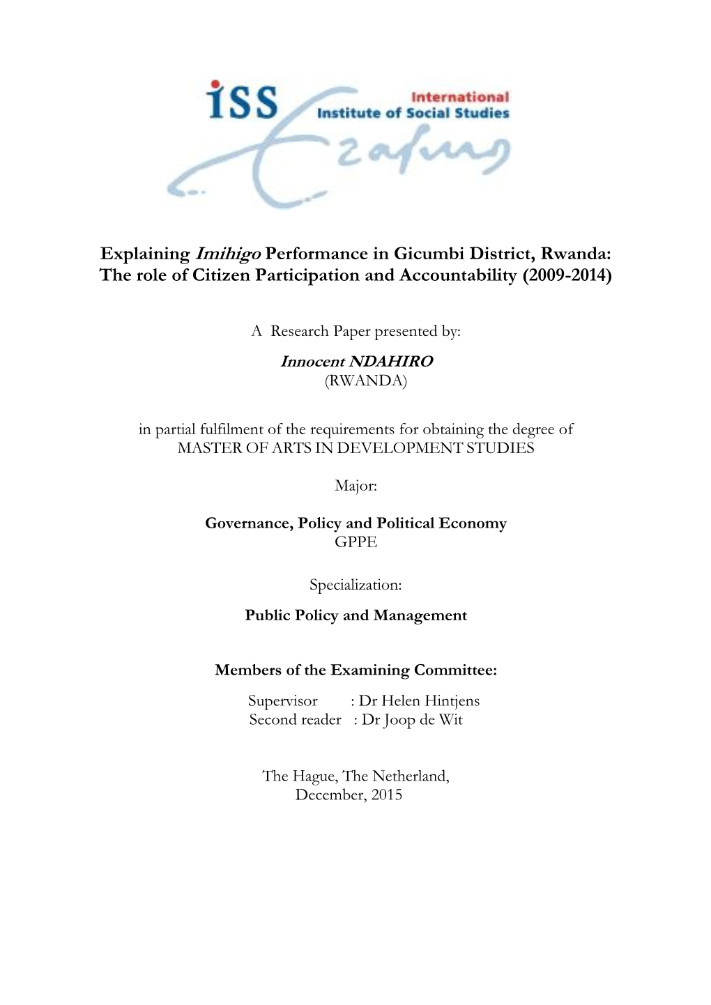 Explaining Imihigo Performance in Gicumbi District, Rwanda: the Role of Citizen Participation and Accountability (2009-2014)