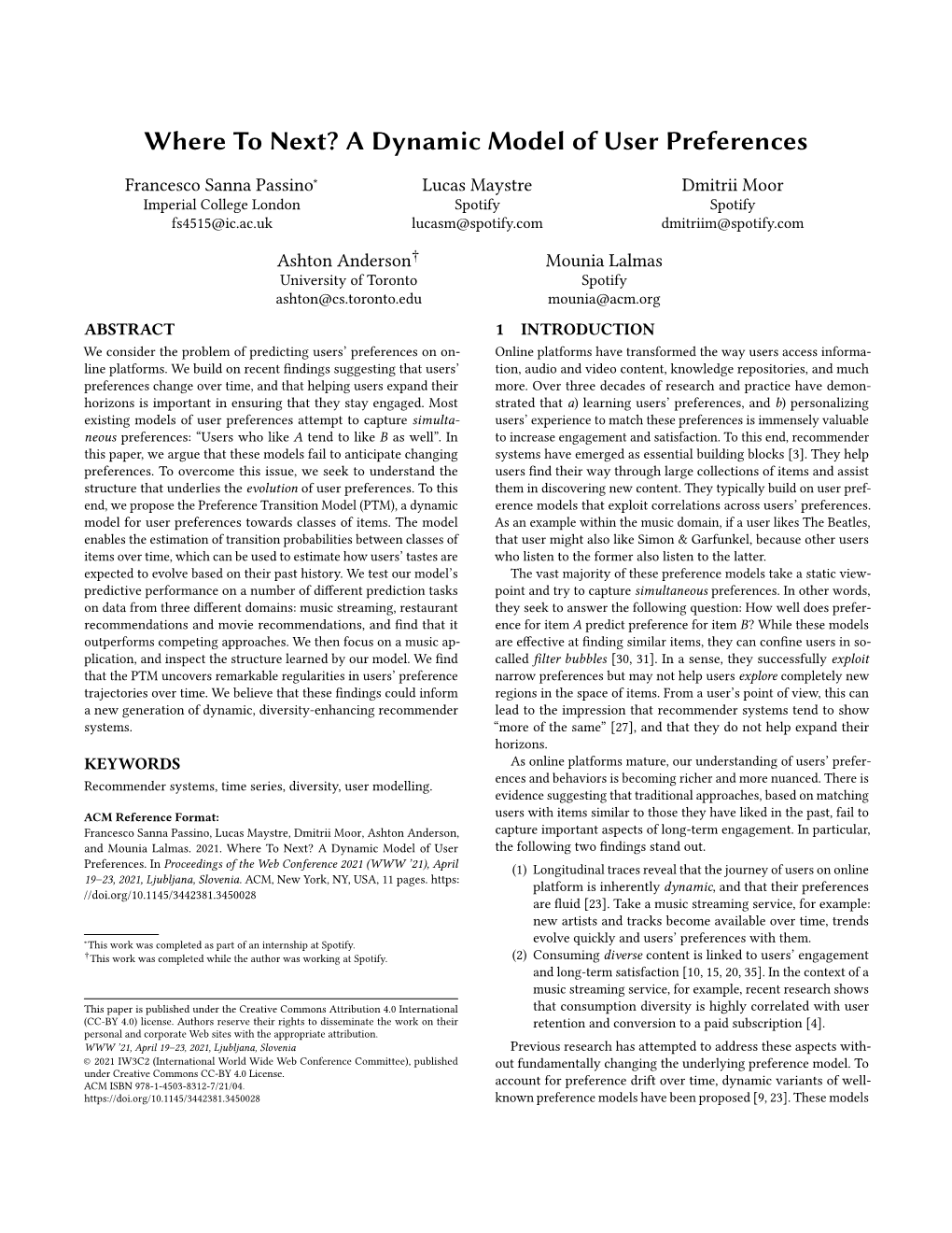 Where to Next? a Dynamic Model of User Preferences