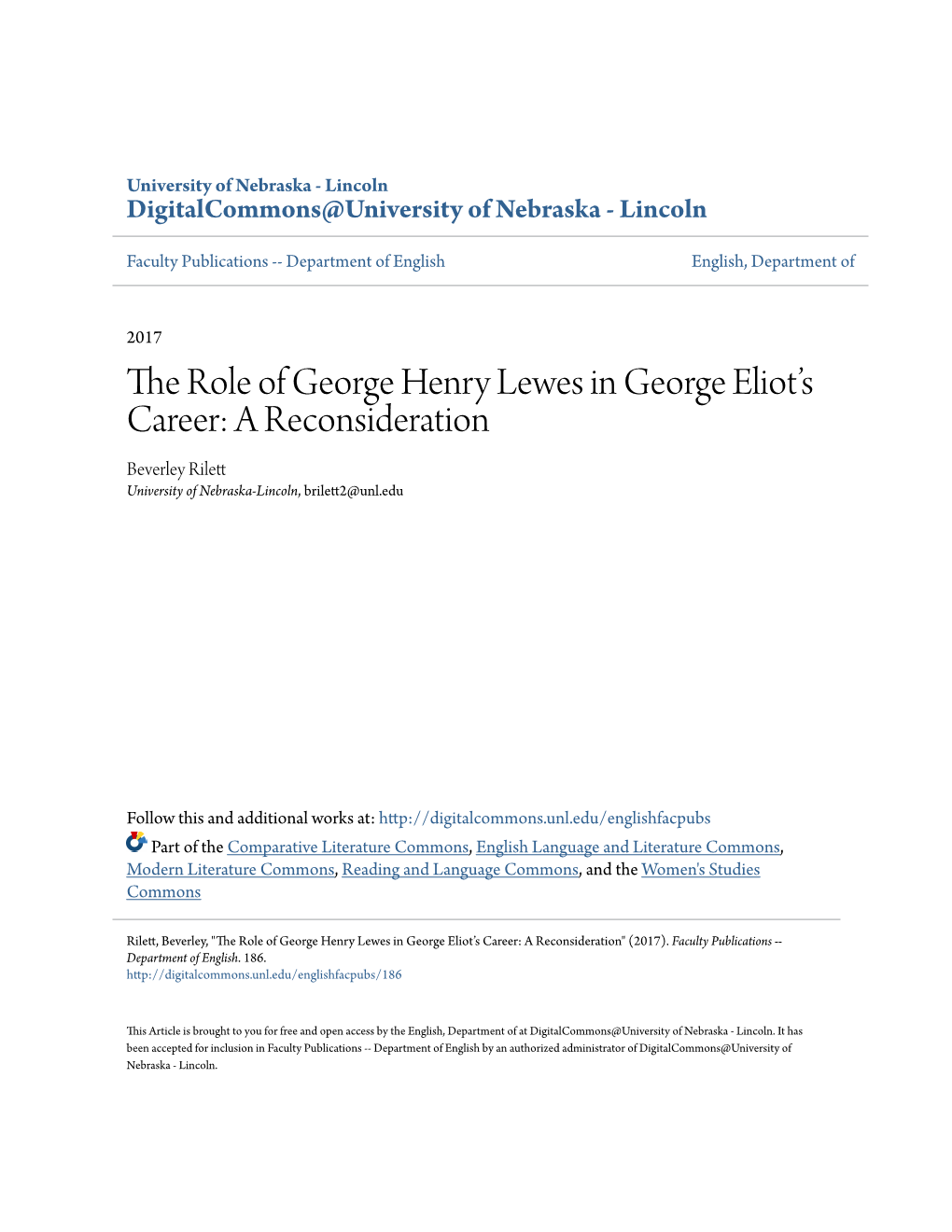 The Role of George Henry Lewes in George Eliot's Career