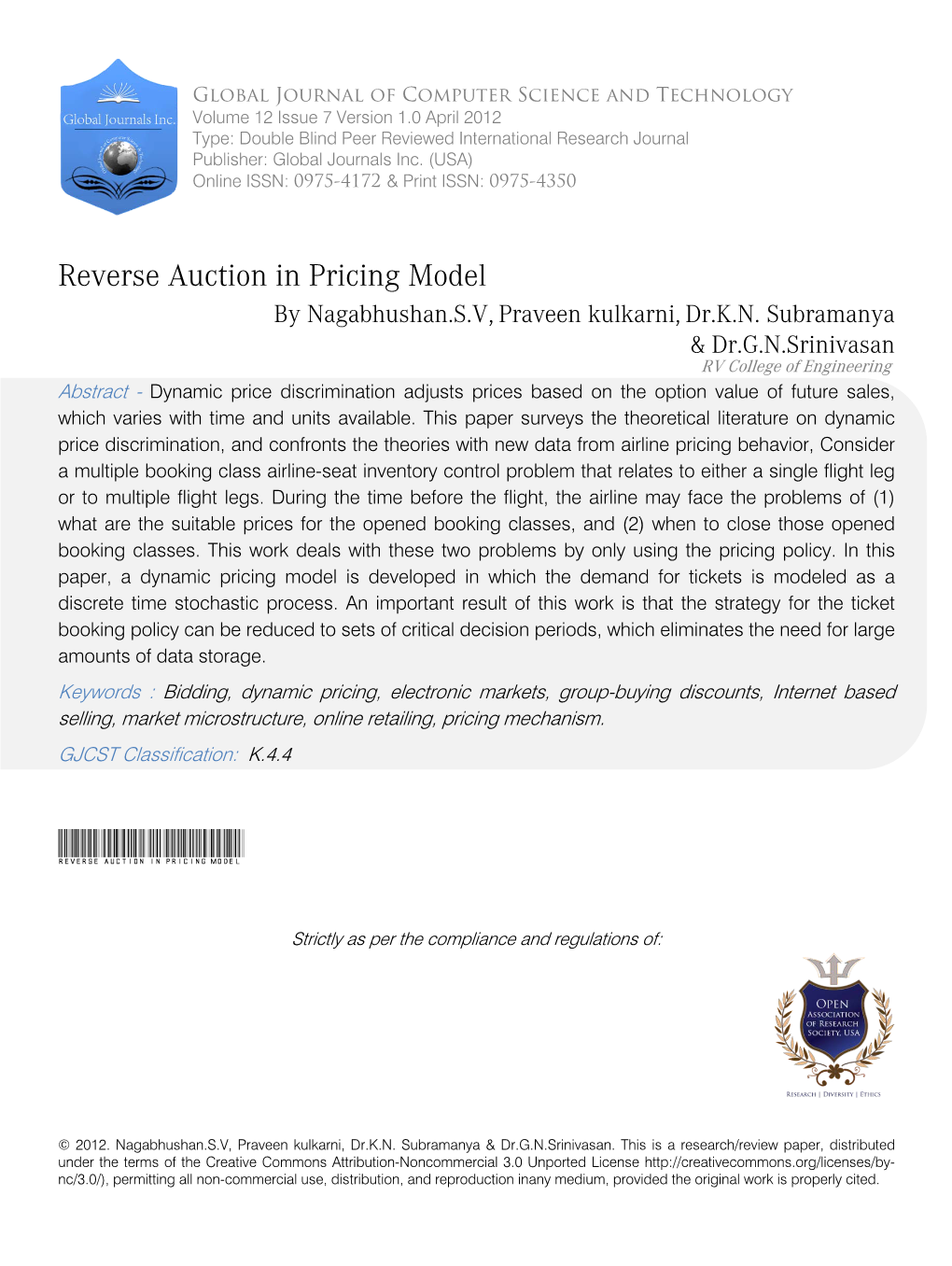 Reverse Auction in Pricing Model by Nagabhushan.S.V, Praveen Kulkarni, Dr.K.N