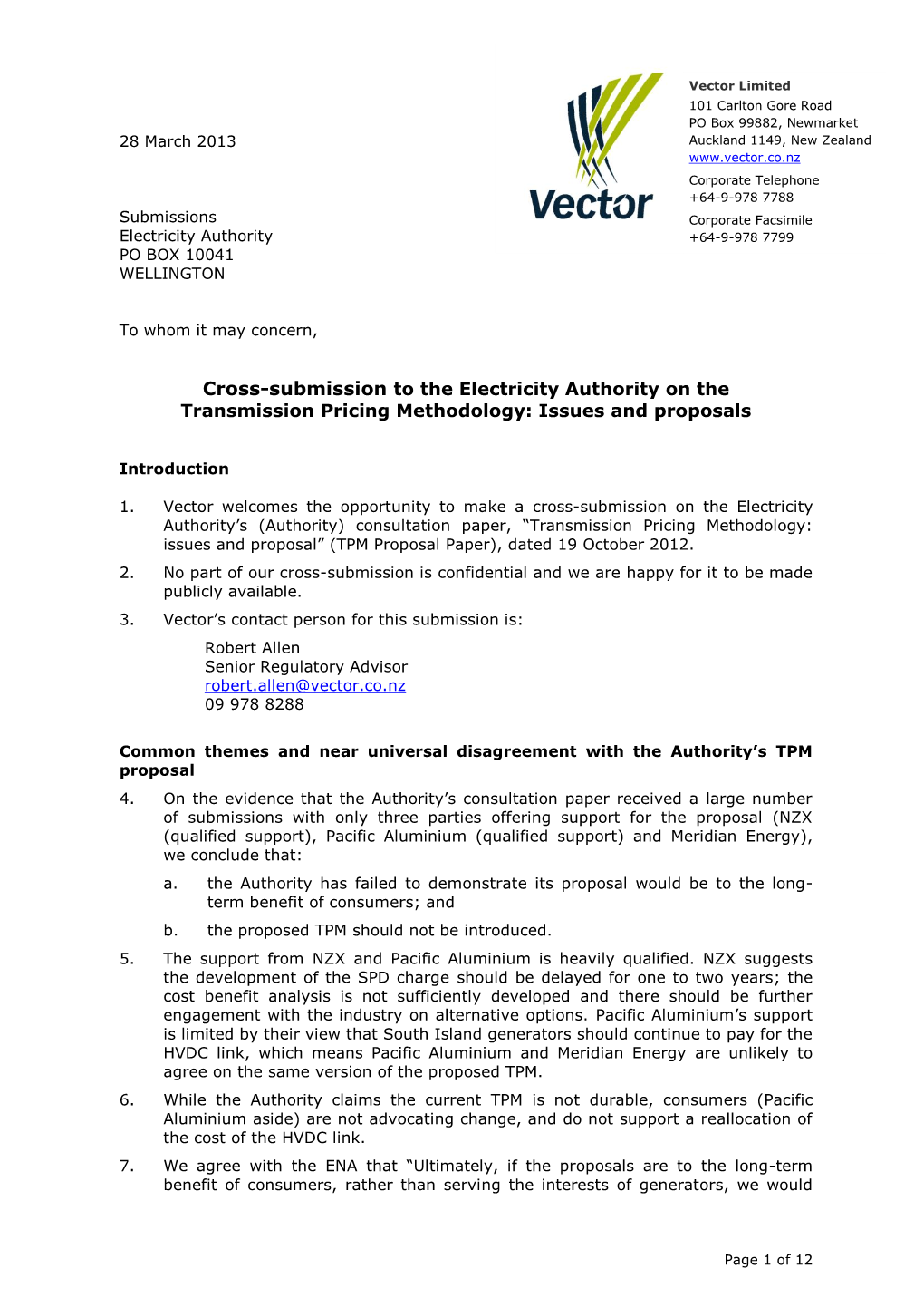 Cross-Submission to the Electricity Authority on the Transmission Pricing Methodology: Issues and Proposals