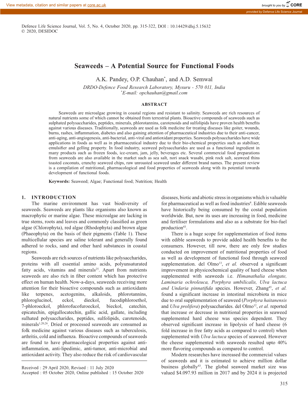 Seaweeds – a Potential Source for Functional Foods