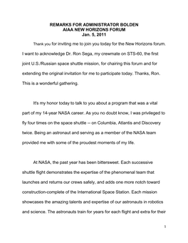 REMARKS for ADMINISTRATOR BOLDEN AIAA NEW HORIZONS FORUM Jan