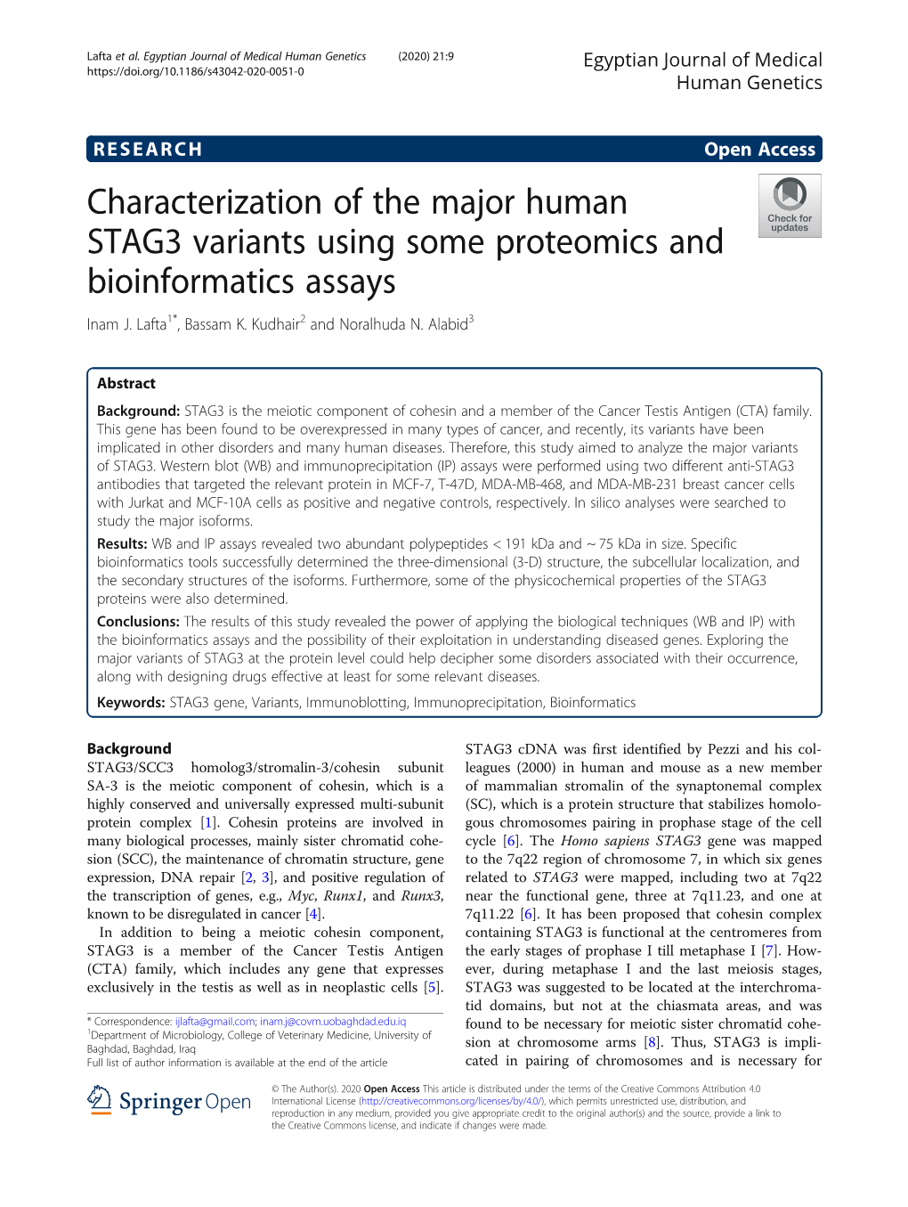 Characterization of the Major Human STAG3 Variants Using Some Proteomics and Bioinformatics Assays Inam J