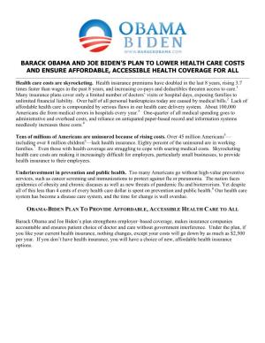 Barack Obama and Joe Biden's Plan to Lower Health Care Costs and Ensure