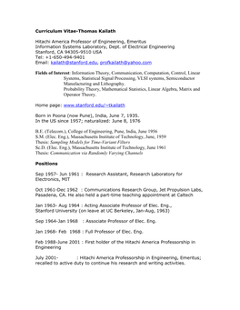 Curriculum Vitae of Thomas Kailath