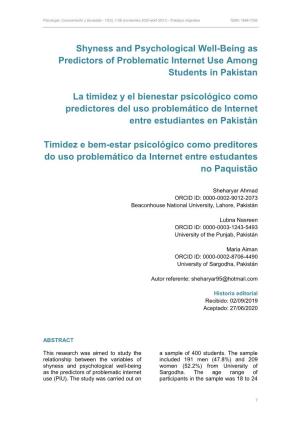 Shyness and Psychological Well-Being As Predictors of Problematic Internet Use Among Students in Pakistan La Timidez Y El Bienes