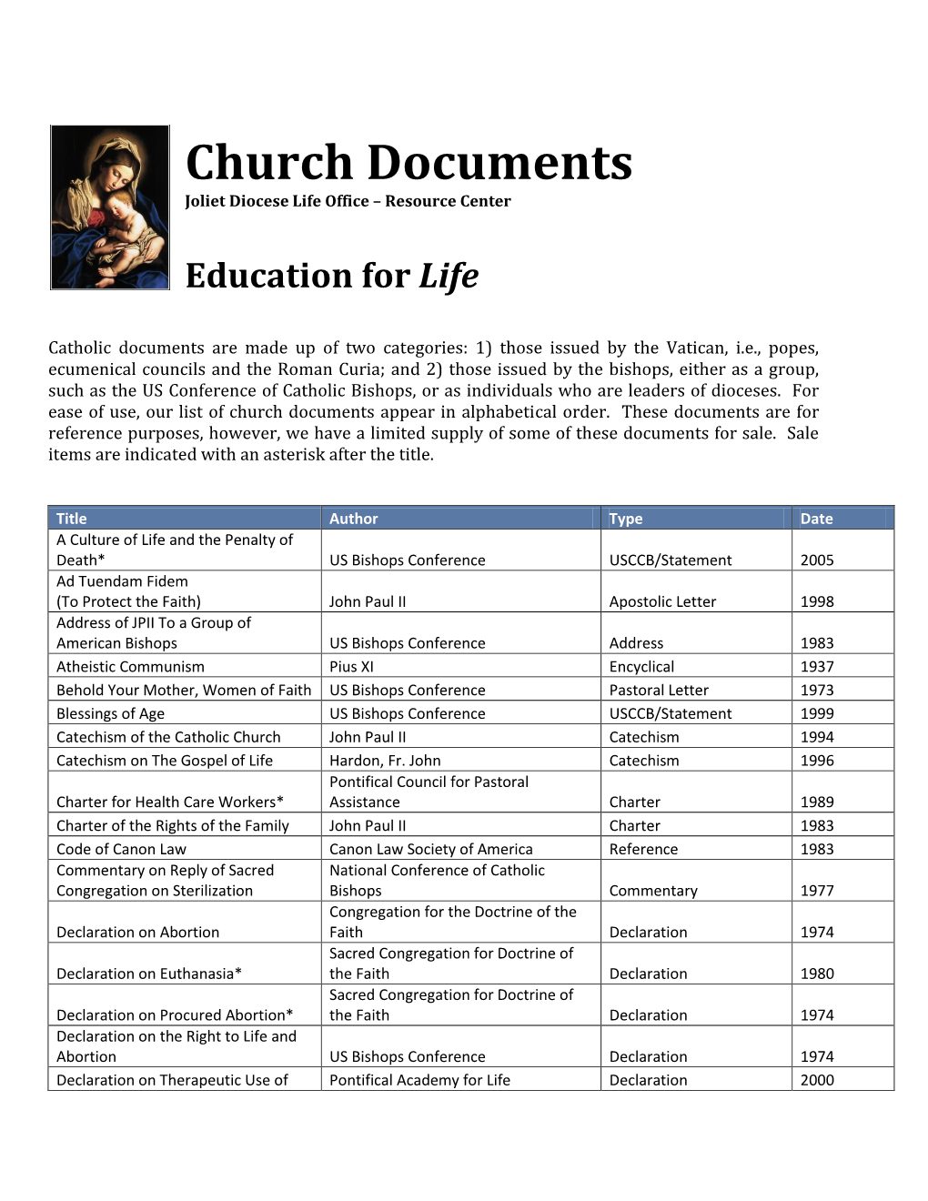 Church Documents Joliet Diocese Life Office – Resource Center