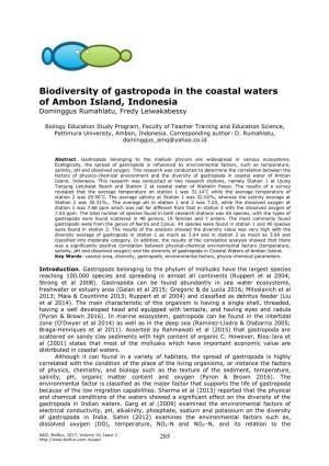 Rumahlatu D., Leiwakabessy F., 2017 Biodiversity of Gastropoda in the Coastal Waters of Ambon Island, Indonesia
