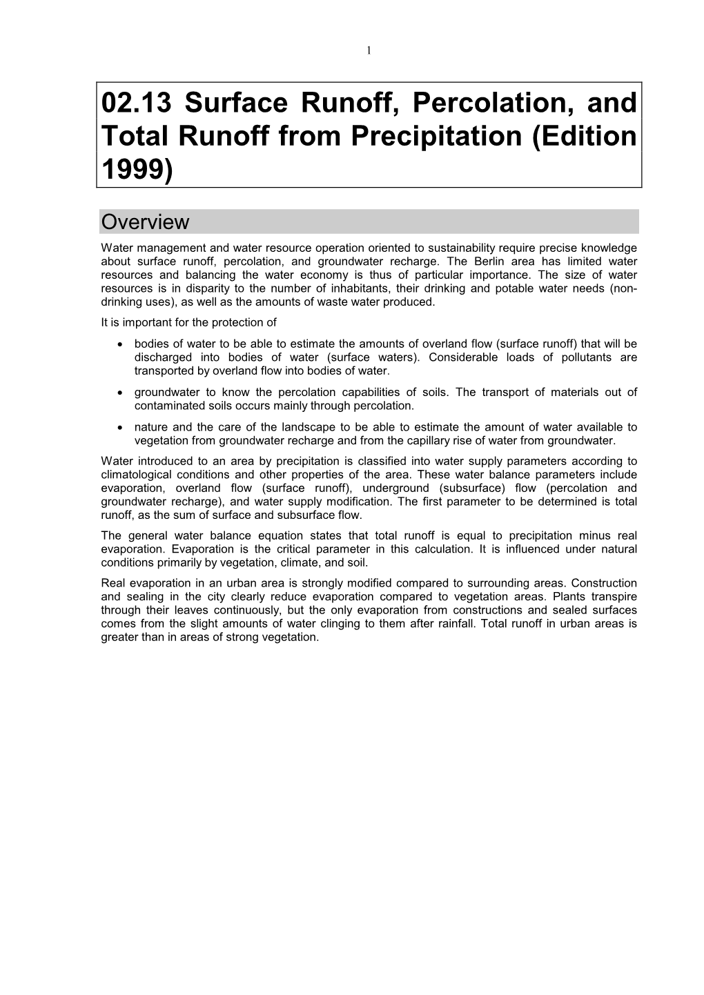 02.13 Surface Runoff, Percolation, and Total Runoff from Precipitation (Edition 1999)