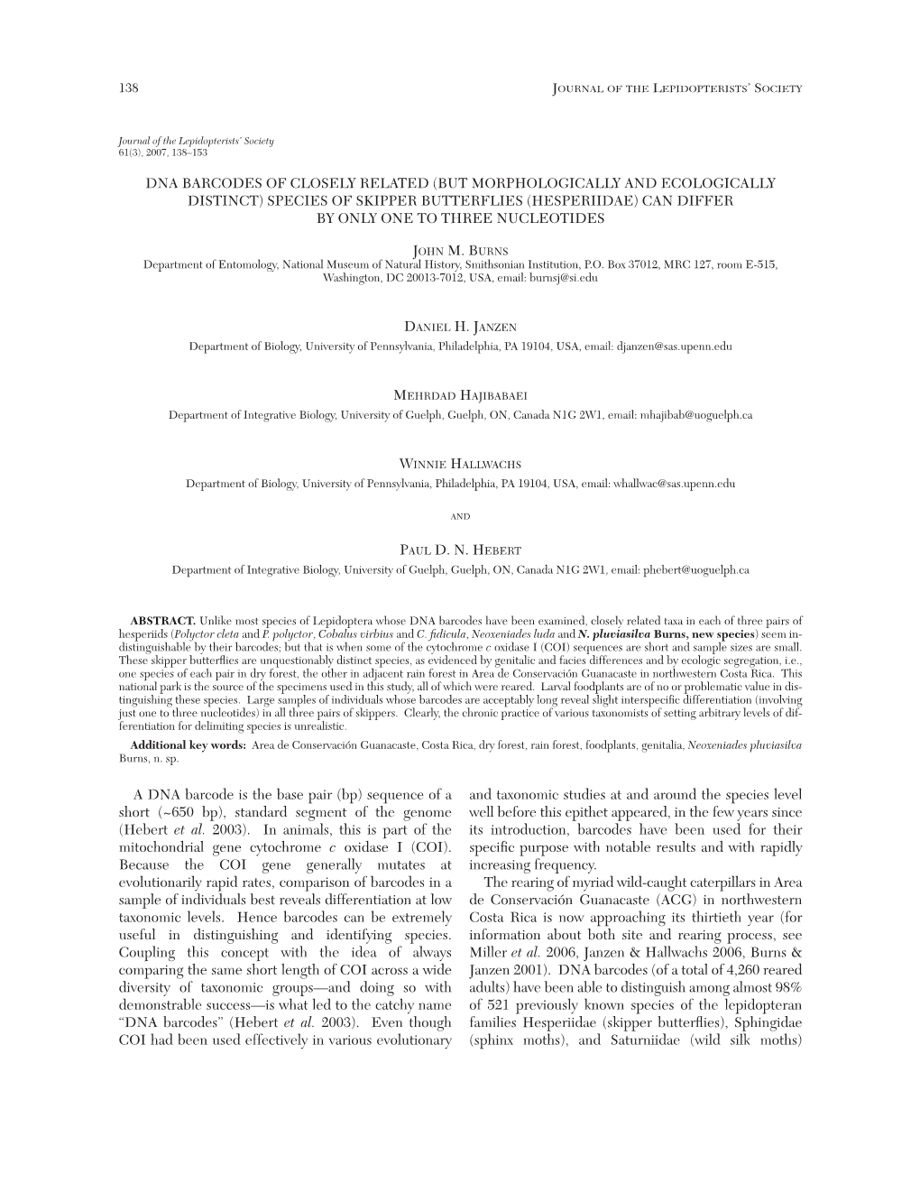 Species of Skipper Butterflies (Hesperiidae) Can Differ by Only One to Three Nucleotides