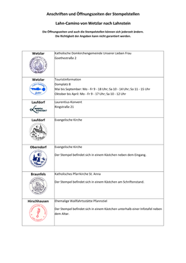 Anschriften Und Öffnungszeiten Der Stempelstellen Lahn-Camino Von